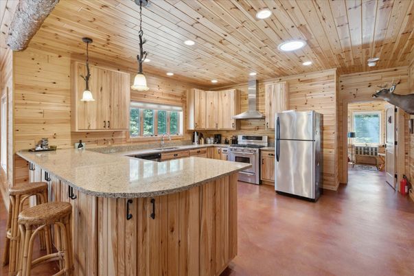 Interior, Kitchen, Pendant Lights, Recessed Lighting, Stainless Steel Appliances, Wooden Ceilings, Wooden Walls