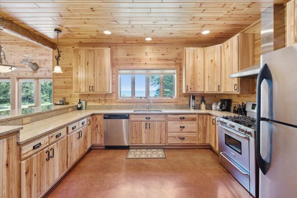 Interior, Kitchen, Pendant Lights, Recessed Lighting, Stainless Steel Appliances, Wooden Ceilings, Wooden Walls