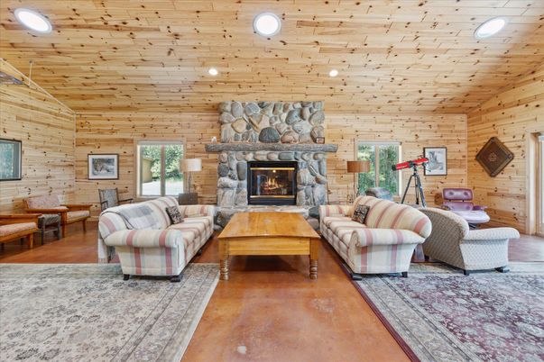 Fireplace, Interior, Living room, Recessed Lighting, Stone Walls, Wooden Ceilings, Wooden Walls