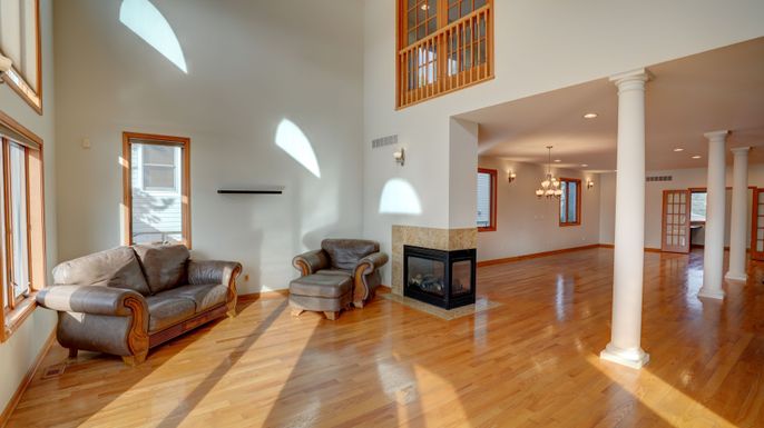 Fireplace, Interior, Recessed Lighting, Wood Texture Flooring