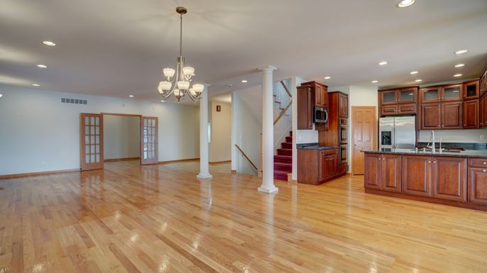 Chandelier, Interior, Kitchen, Recessed Lighting, Wood Texture Flooring