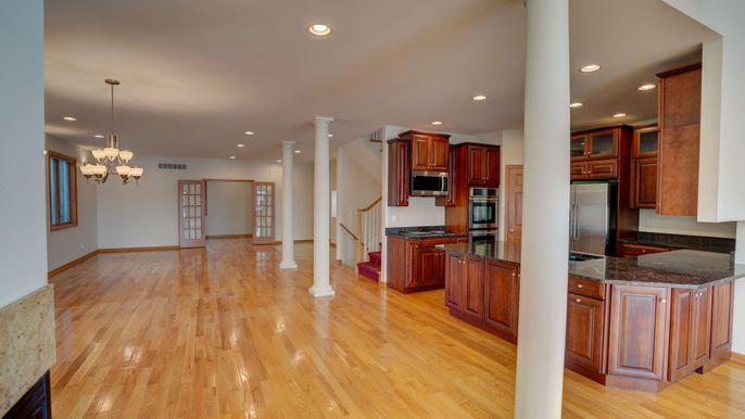 Chandelier, Interior, Kitchen, Recessed Lighting, Stainless Steel Appliances, Wood Texture Flooring