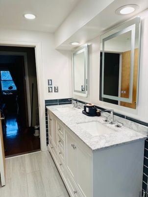 Bathroom, Dual Sink Vanities, Interior, Recessed Lighting, Wood Texture Flooring