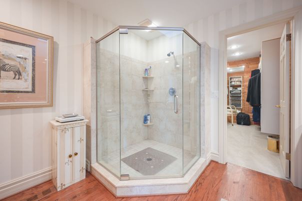 Bathroom, Glass Shower, Interior, Recessed Lighting, Walk-in Closets, Wood Texture Flooring