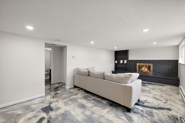 Fireplace, Interior, Living room, Marble, Recessed Lighting