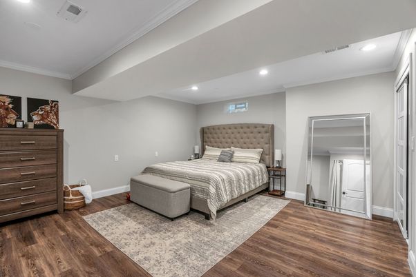 Bedroom, Interior, Recessed Lighting, Wood Texture Flooring