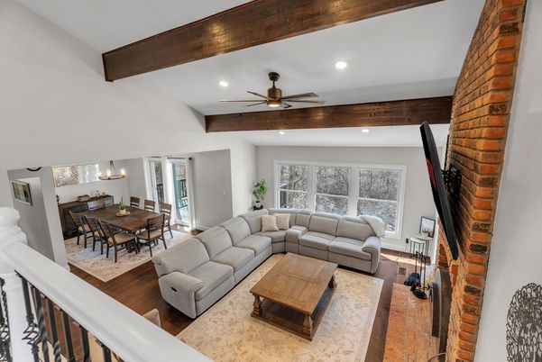 Dining room, Fireplace, Interior, Living room, Recessed Lighting, Wooden Beams, Wood Texture Flooring