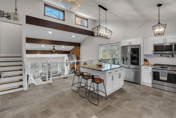 Interior, Kitchen, Pendant Lights, Recessed Lighting, Stainless Steel Appliances, Wooden Beams