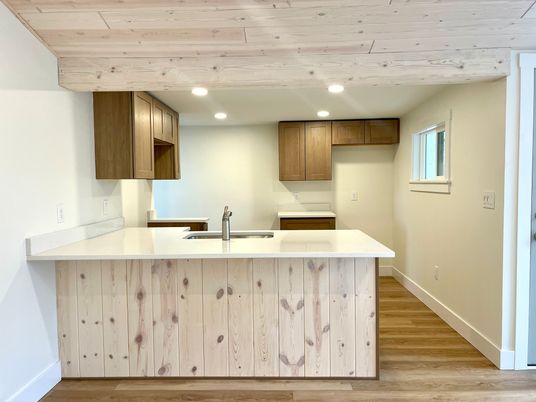 Interior, Kitchen, Recessed Lighting, Wooden Ceilings, Wood Texture Flooring