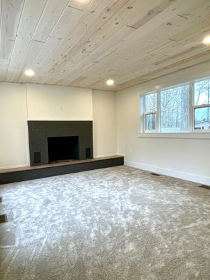 Empty room, Fireplace, Interior, Recessed Lighting, Wooden Ceilings