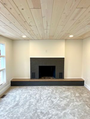 Empty room, Fireplace, Interior, Recessed Lighting, Wooden Ceilings