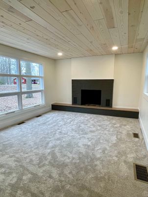 Empty room, Fireplace, Interior, Recessed Lighting, Wooden Ceilings
