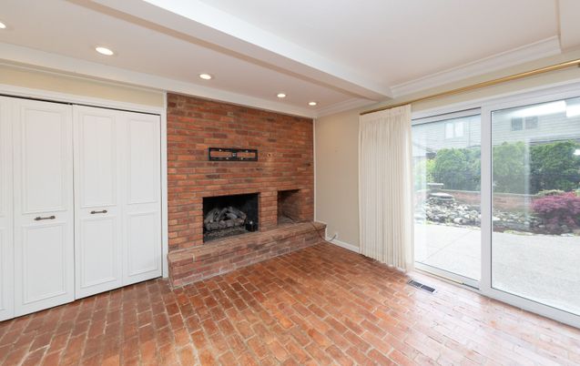 Empty room, Fireplace, Interior, Recessed Lighting, Stone Walls