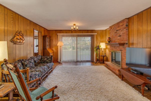 Fireplace, Interior, Living room, Stone Walls, Wood Texture Flooring, Wooden Walls