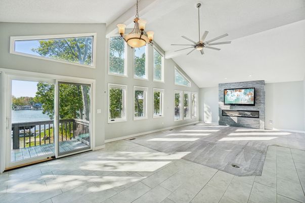 Chandelier, Empty room, Fireplace, Interior, Marble, Pendant Lights, Sun Room, Water
