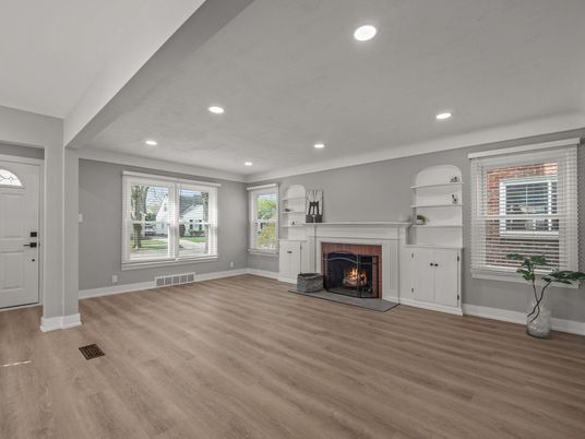 Empty room, Fireplace, Interior, Recessed Lighting, Wood Texture Flooring