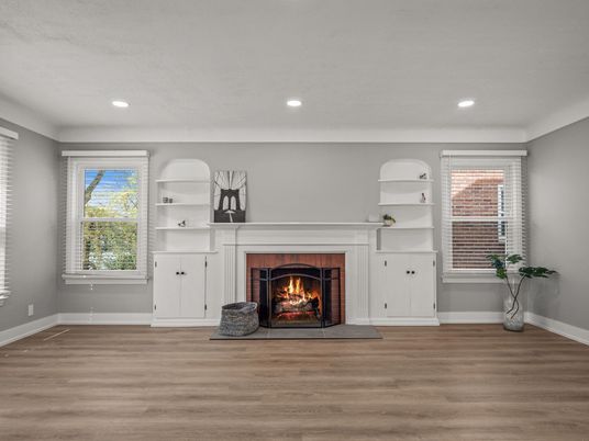 Empty room, Fireplace, Interior, Recessed Lighting, Wood Texture Flooring