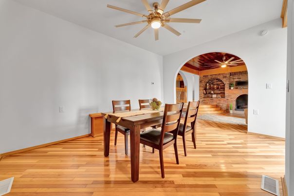 Dining room, Fireplace, Interior, Stone Walls, Wood Texture Flooring