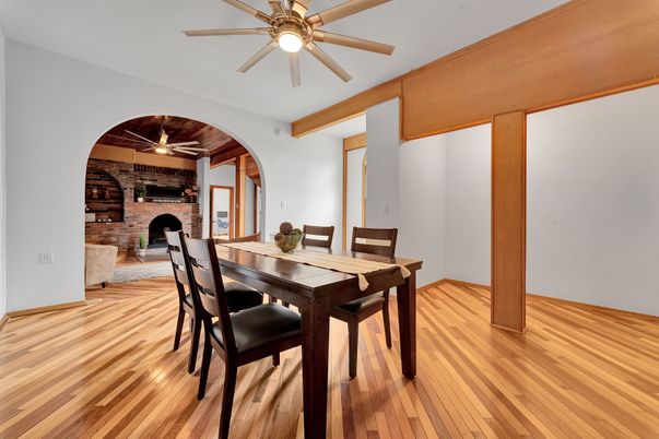 Dining room, Fireplace, Interior, Stone Walls, Wood Texture Flooring