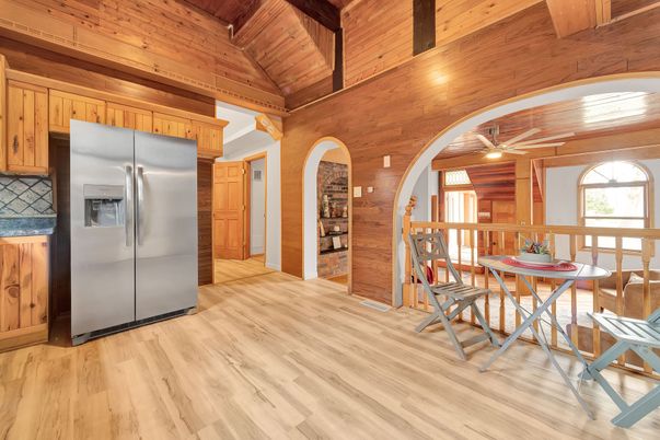 Dining room, Interior, Kitchen, Stainless Steel Appliances, Wooden Beams, Wooden Ceilings, Wood Texture Flooring, Wooden Walls