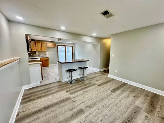 Interior, Kitchen, Marble, Recessed Lighting, Wood Texture Flooring