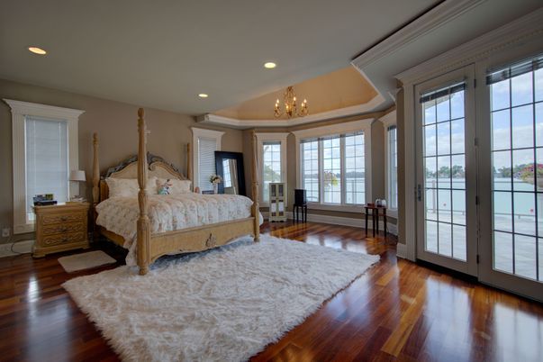 Bedroom, Chandelier, Interior, Recessed Lighting, Wood Texture Flooring