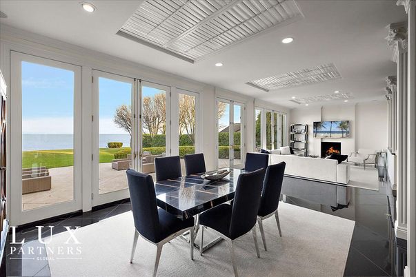 Dining room, Fireplace, Interior, Living room, Recessed Lighting, Water