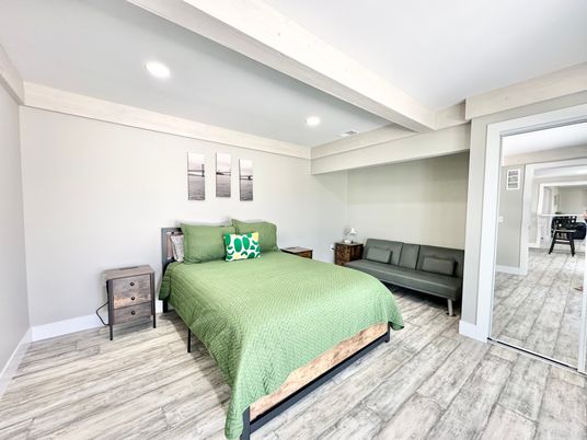 Bedroom, Interior, Recessed Lighting, Wood Texture Flooring