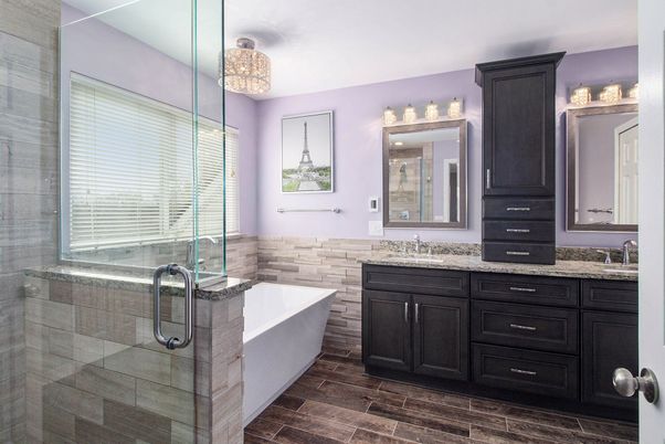 Bathroom, Chandelier, Dual Sink Vanities, Glass Shower, Interior, Wood Texture Flooring