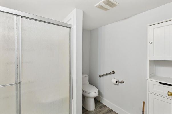 Bathroom, Glass Shower, Interior, Wood Texture Flooring