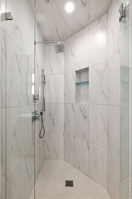 Bathroom, Glass Shower, Interior, Marble Walls, Recessed Lighting