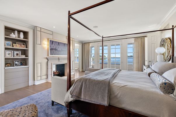 Bedroom, Fireplace, Interior, Recessed Lighting, Water, Wood Texture Flooring