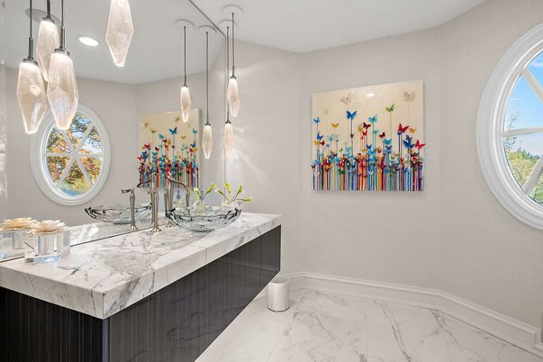 Bathroom, Interior, Marble, Pendant Lights, Recessed Lighting