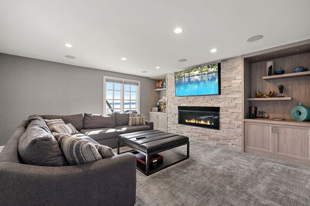 Fireplace, Interior, Living room, Recessed Lighting, Stone Walls