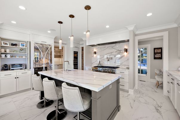 Interior, Kitchen, Marble, Marble Walls, Pendant Lights, Recessed Lighting
