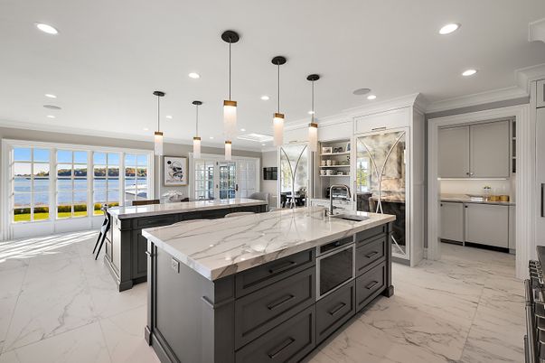Interior, Kitchen, Marble, Pendant Lights, Recessed Lighting, Stainless Steel Appliances, Water