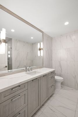 Bathroom, Dual Sink Vanities, Interior, Marble, Marble Walls, Recessed Lighting
