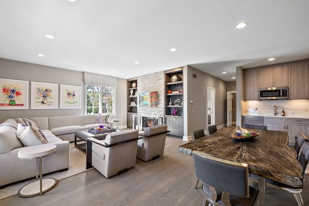 Dining room, Fireplace, Interior, Kitchen, Living room, Recessed Lighting, Wood Texture Flooring