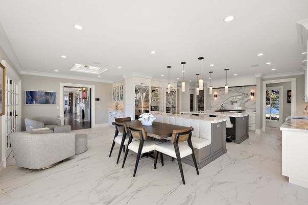 Dining room, Interior, Kitchen, Marble, Marble Walls, Pendant Lights, Recessed Lighting, Stainless Steel Appliances