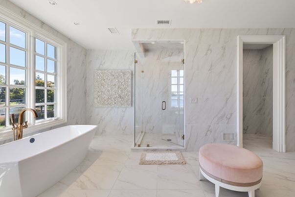 Bathroom, Free Standing Baths, Glass Shower, Interior, Marble, Marble Walls, Recessed Lighting