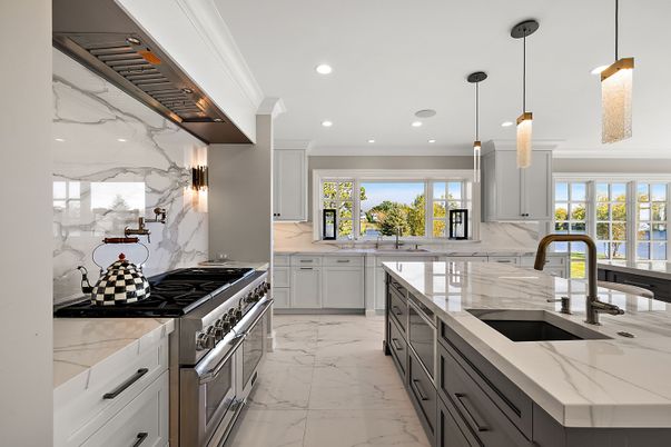 Interior, Kitchen, Marble, Marble Walls, Pendant Lights, Recessed Lighting