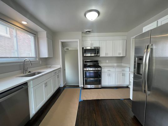 Interior, Kitchen, Recessed Lighting, Stainless Steel Appliances, Wood Texture Flooring