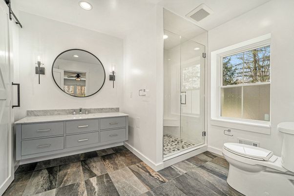 Bathroom, Glass Shower, Interior, Recessed Lighting