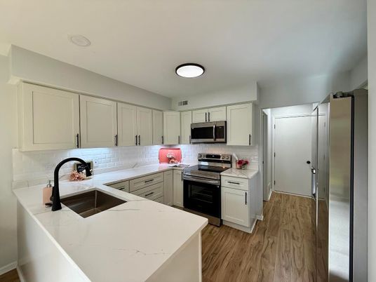 Interior, Kitchen, Stainless Steel Appliances, Wood Texture Flooring