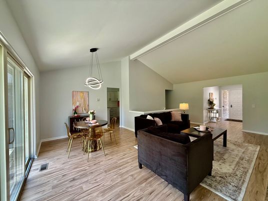 Dining room, Interior, Living room, Pendant Lights, Wood Texture Flooring