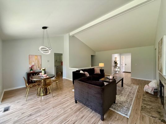 Dining room, Interior, Living room, Pendant Lights, Wood Texture Flooring