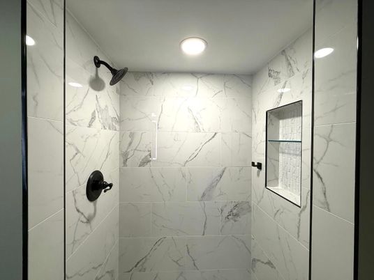 Bathroom, Glass Shower, Interior, Marble Walls, Recessed Lighting