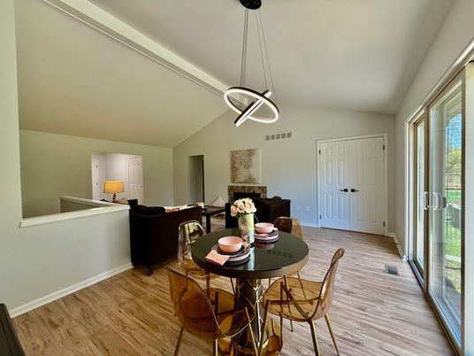 Dining room, Interior, Living room, Pendant Lights, Wood Texture Flooring