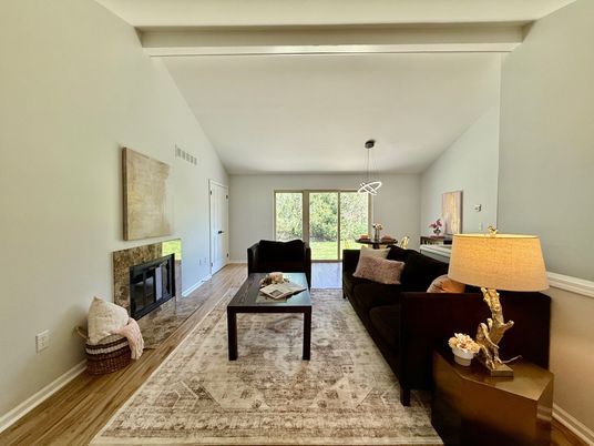 Dining room, Fireplace, Interior, Living room, Pendant Lights, Wood Texture Flooring