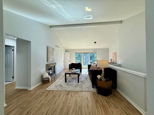 Fireplace, Interior, Living room, Pendant Lights, Wood Texture Flooring